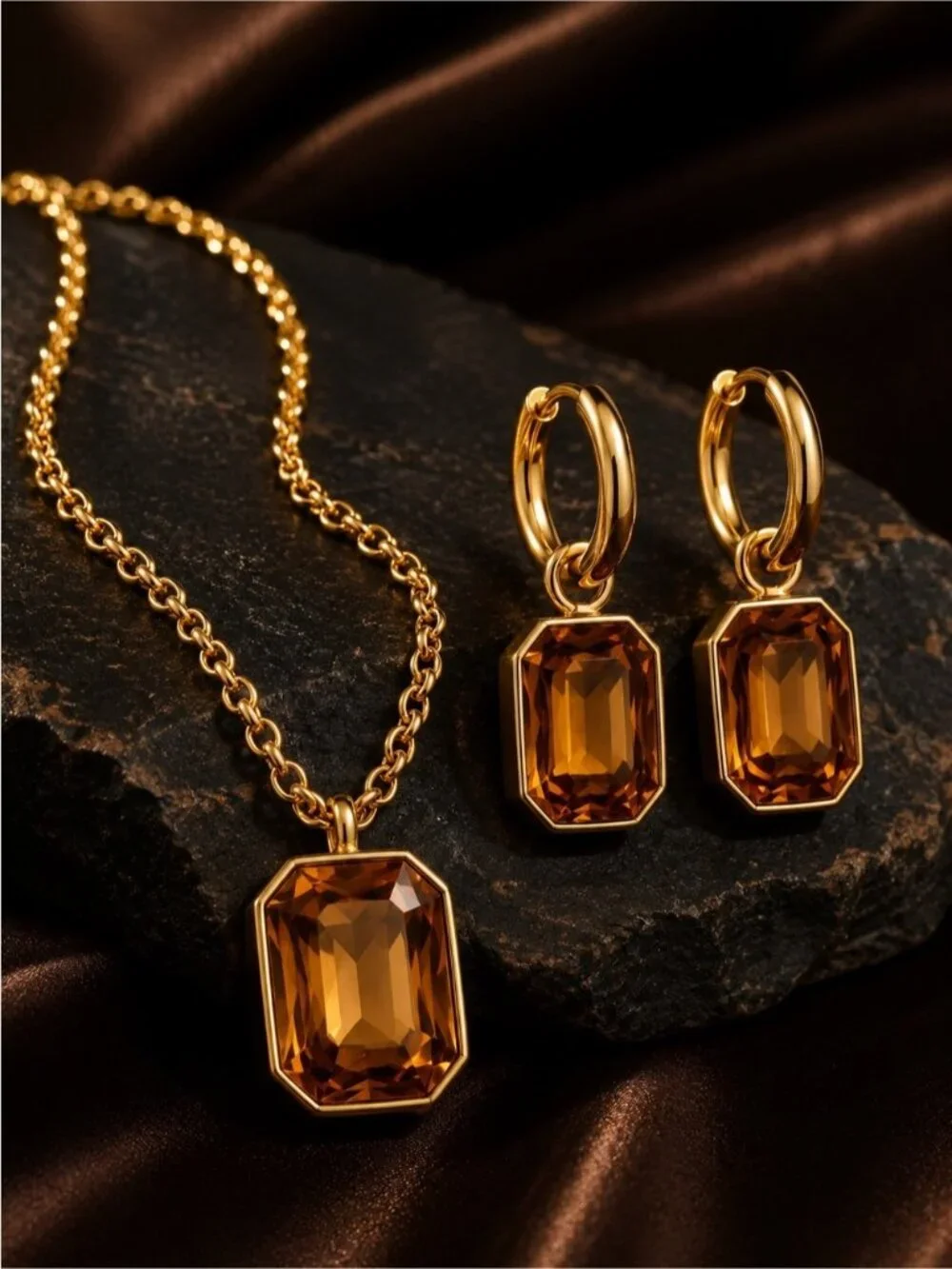 Gold-Tone Necklace and Earrings with Amber Stones